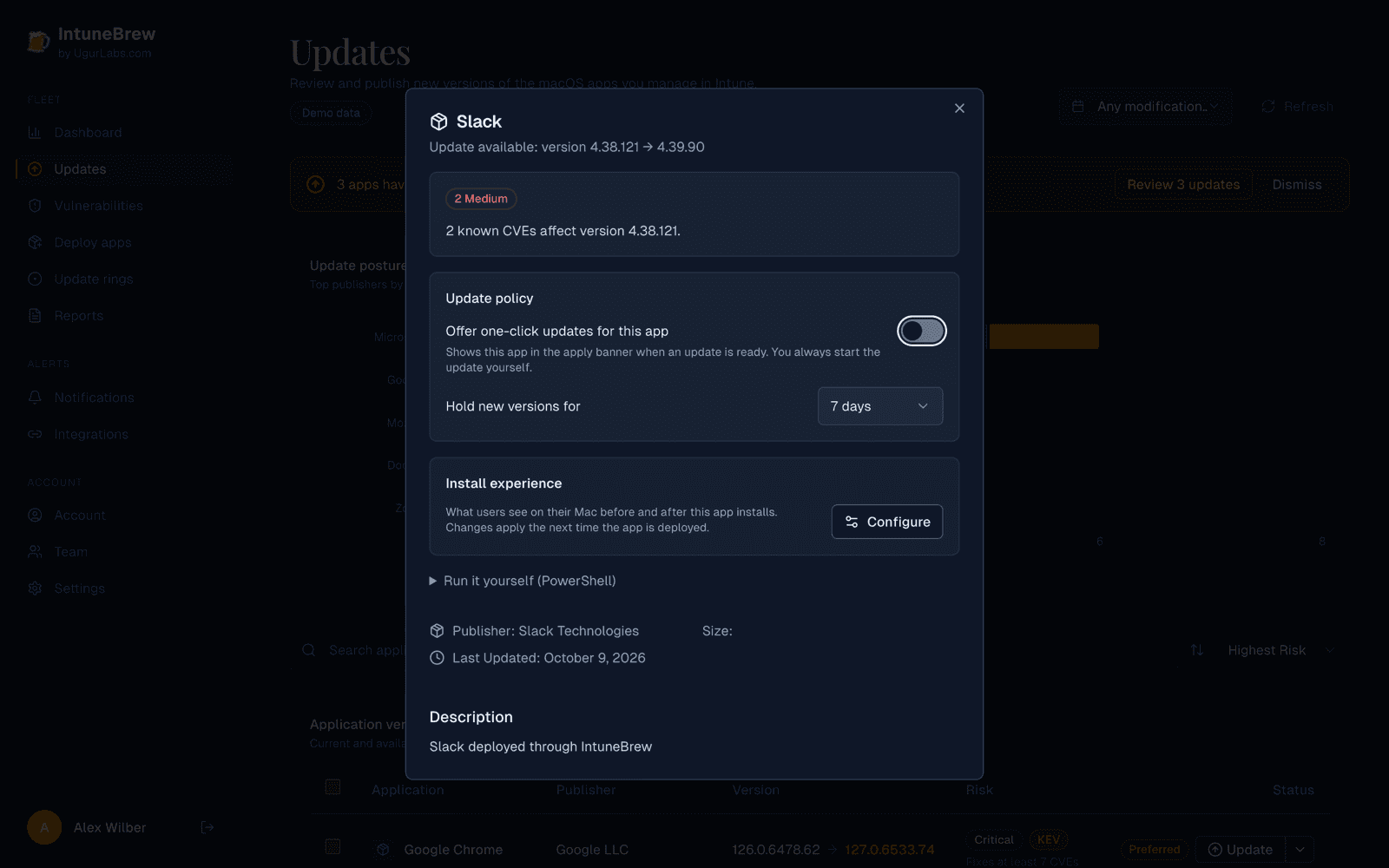 App details with the update policy
