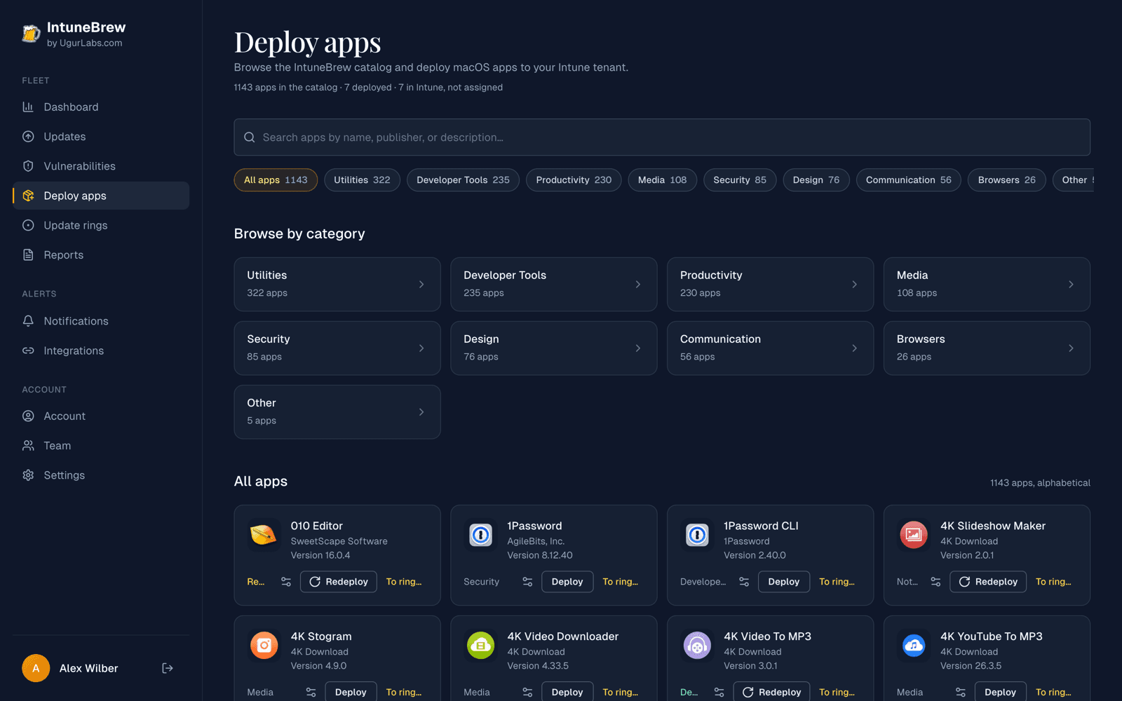 The Deploy apps page with search, categories and app cards
