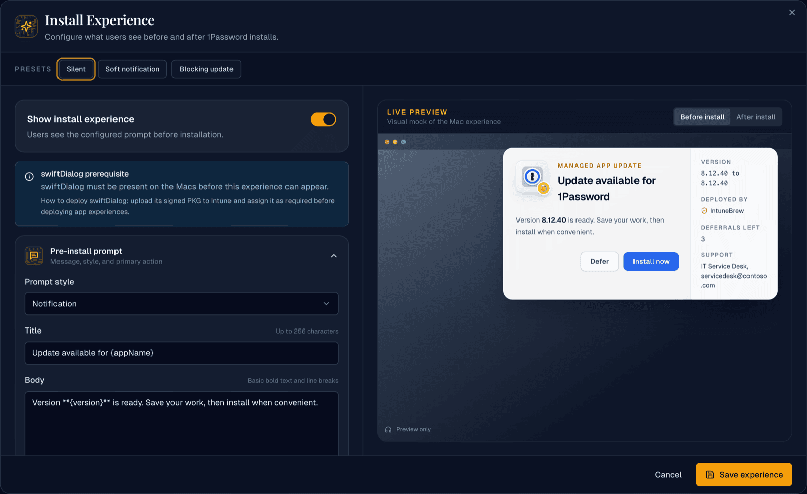 The install experience editor with a live preview