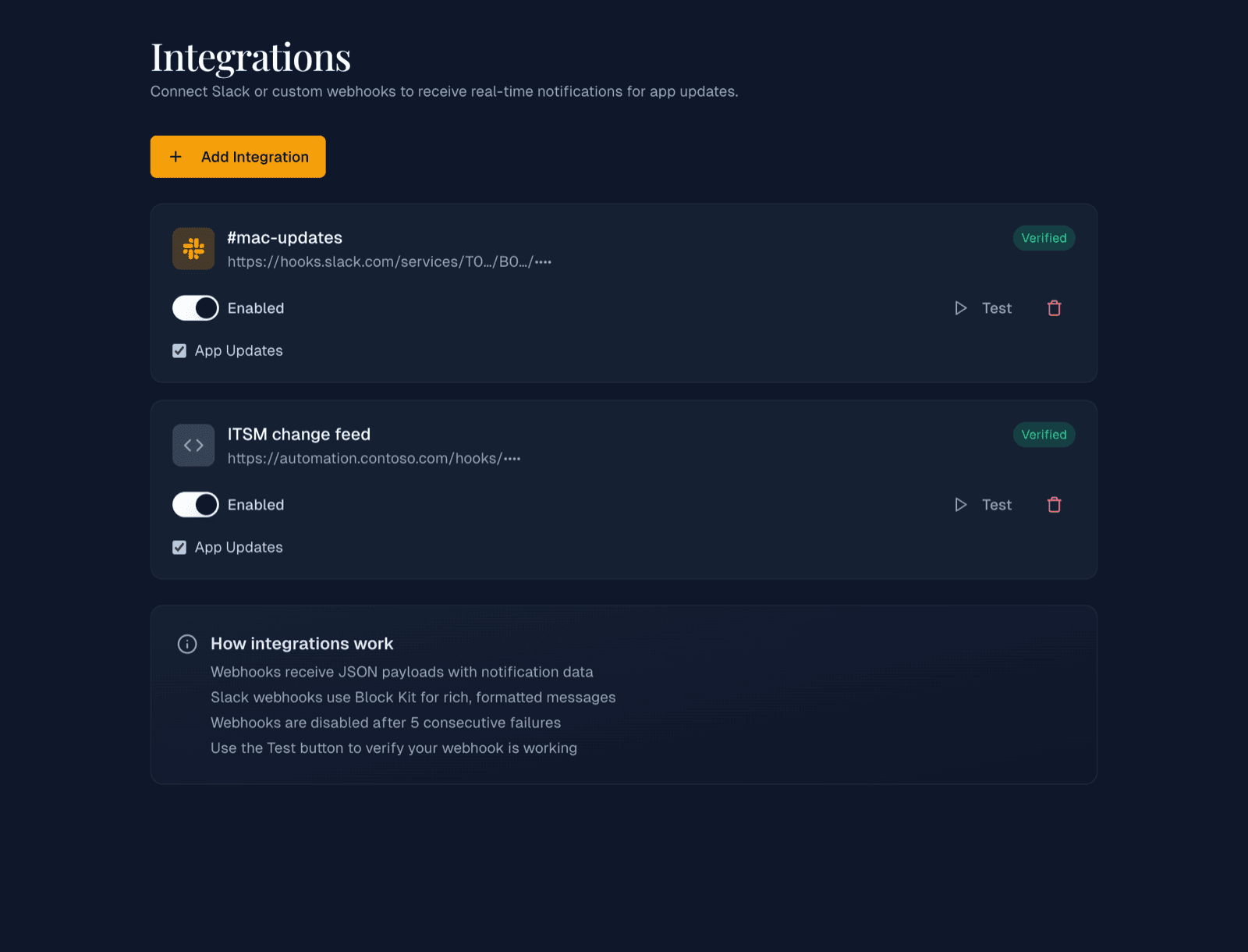 Slack and webhook integrations