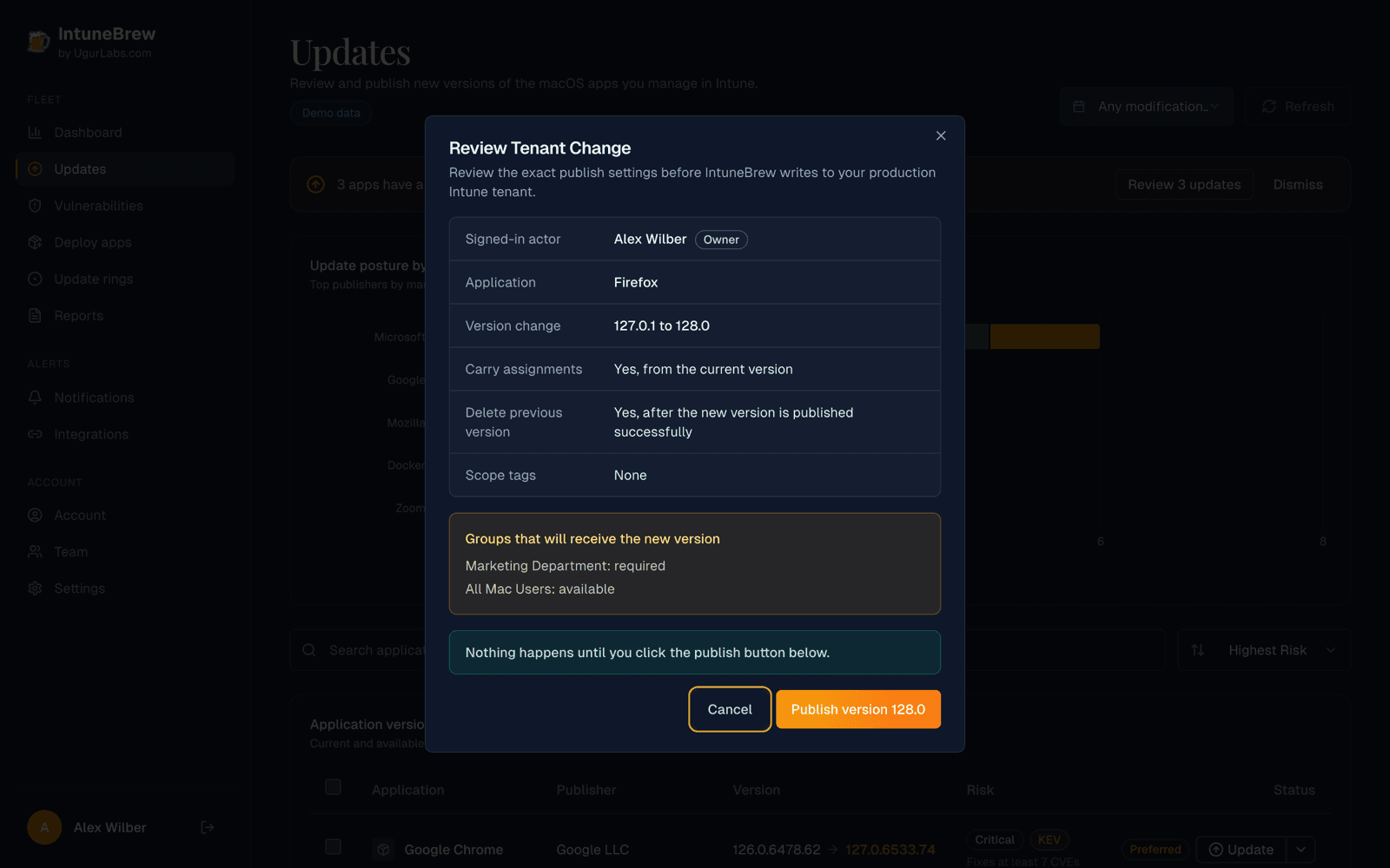 The Review Tenant Change dialog before publishing
