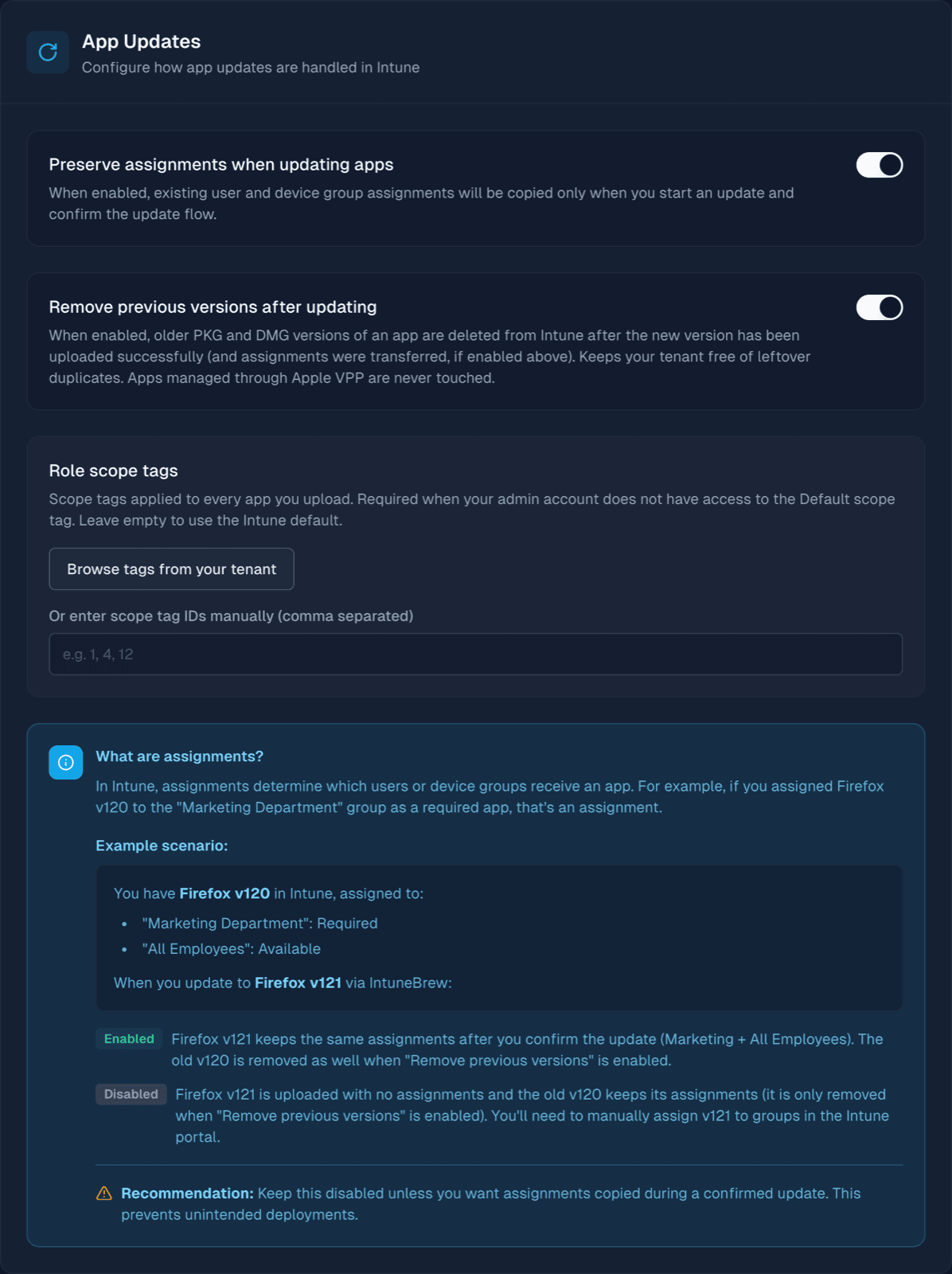 The App Updates settings