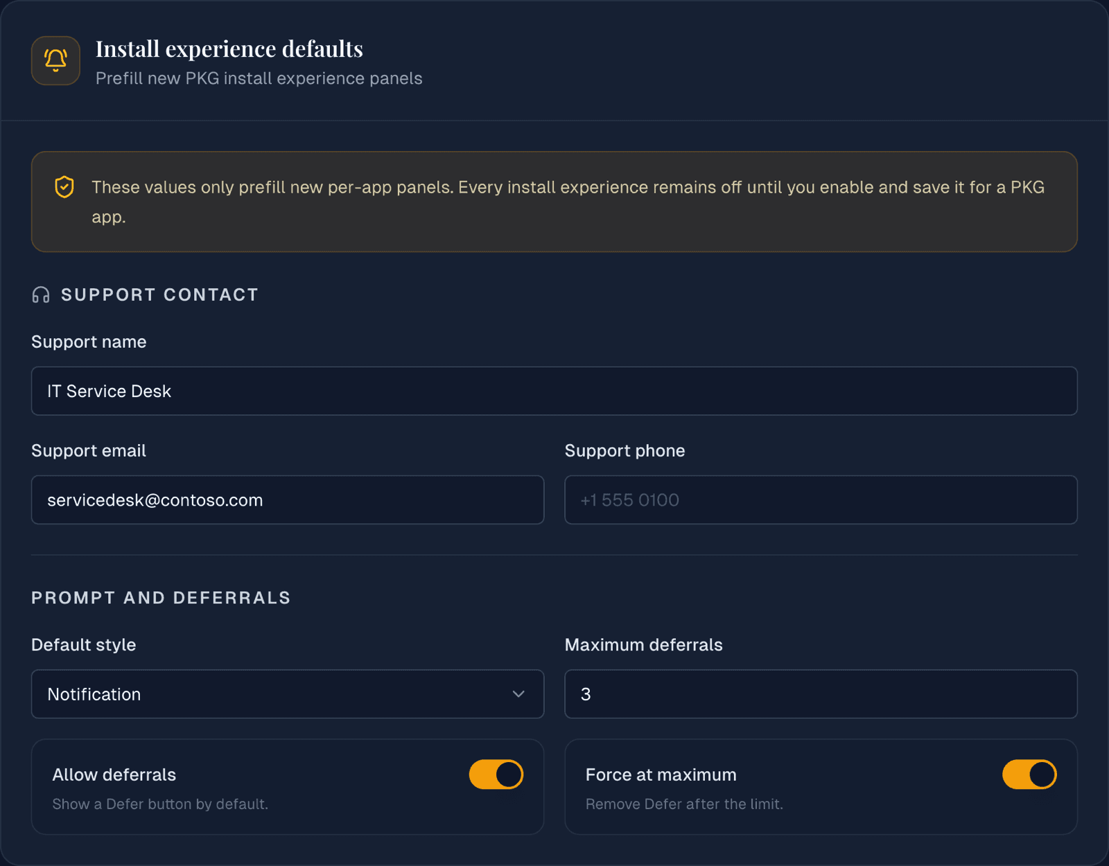 Install experience defaults