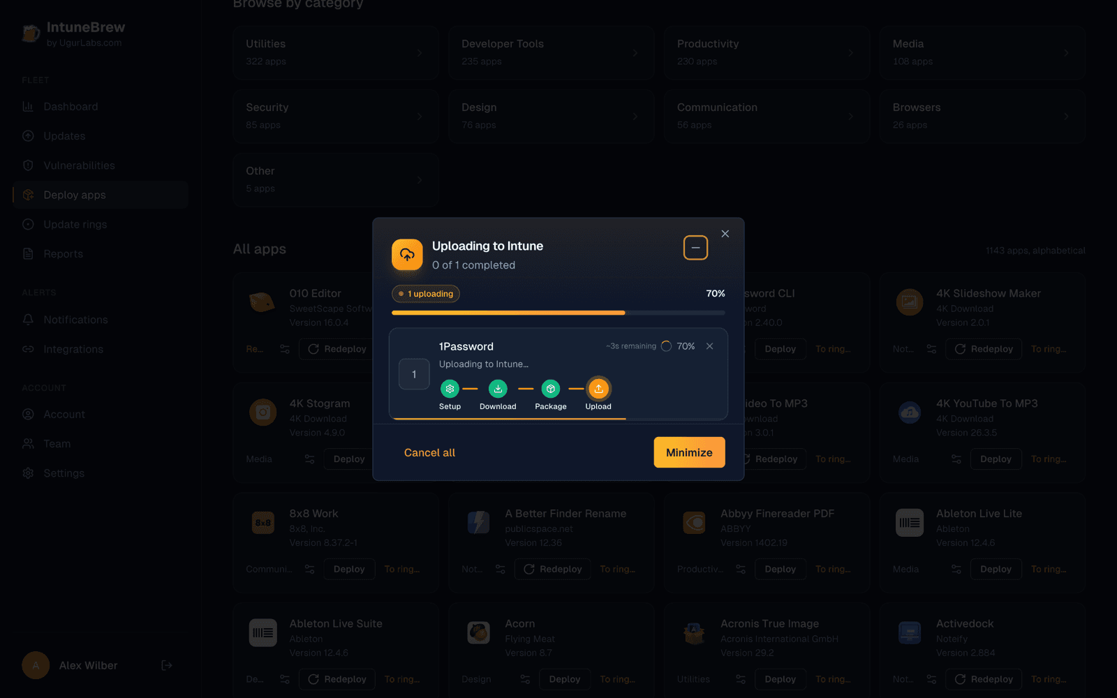 Upload progress for 1Password
